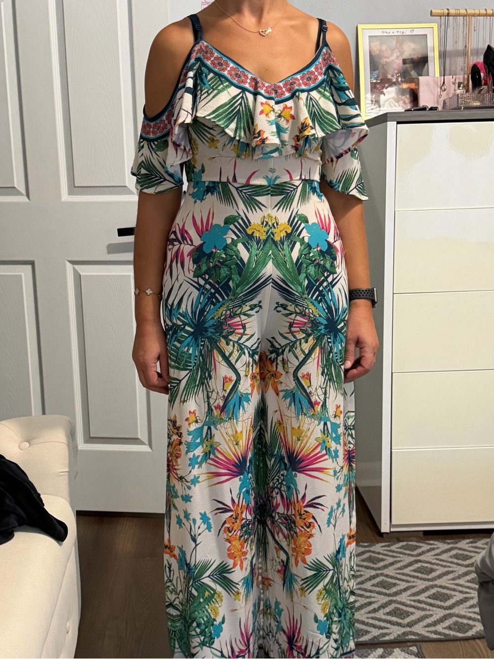 Tropical Print Cold-Shoulder Jumpsuit in Multicolor
